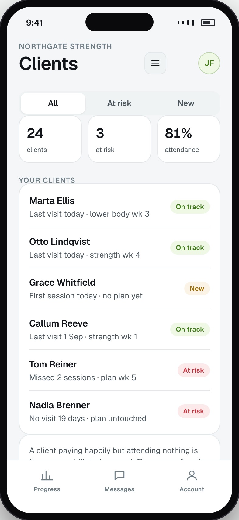 Trainer client list with last visit, plan progress and an at-risk flag per client