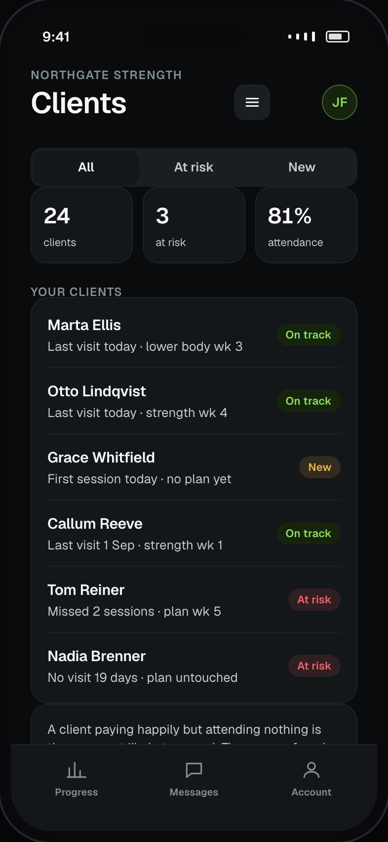 Trainer client list with last visit, plan progress and an at-risk flag per client