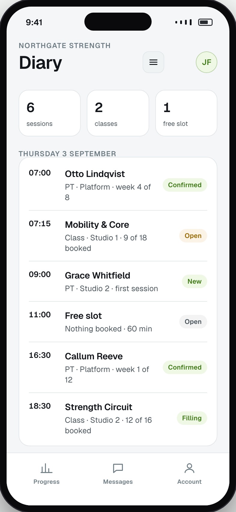 Trainer diary for the day showing personal training sessions, classes, free slots and clients at risk
