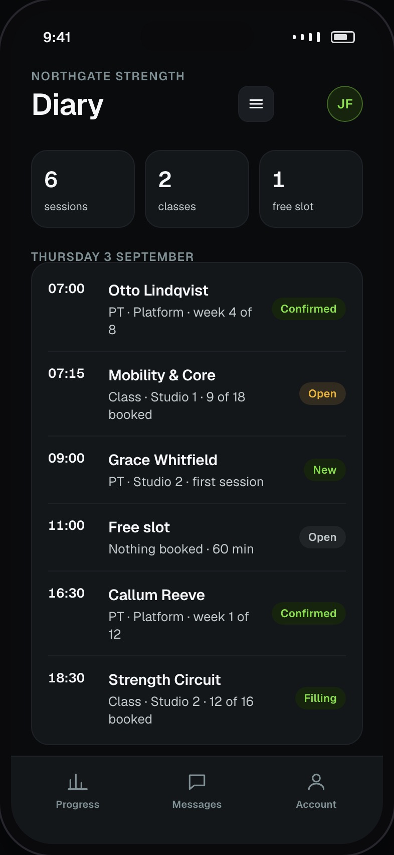 Trainer diary for the day showing personal training sessions, classes, free slots and clients at risk