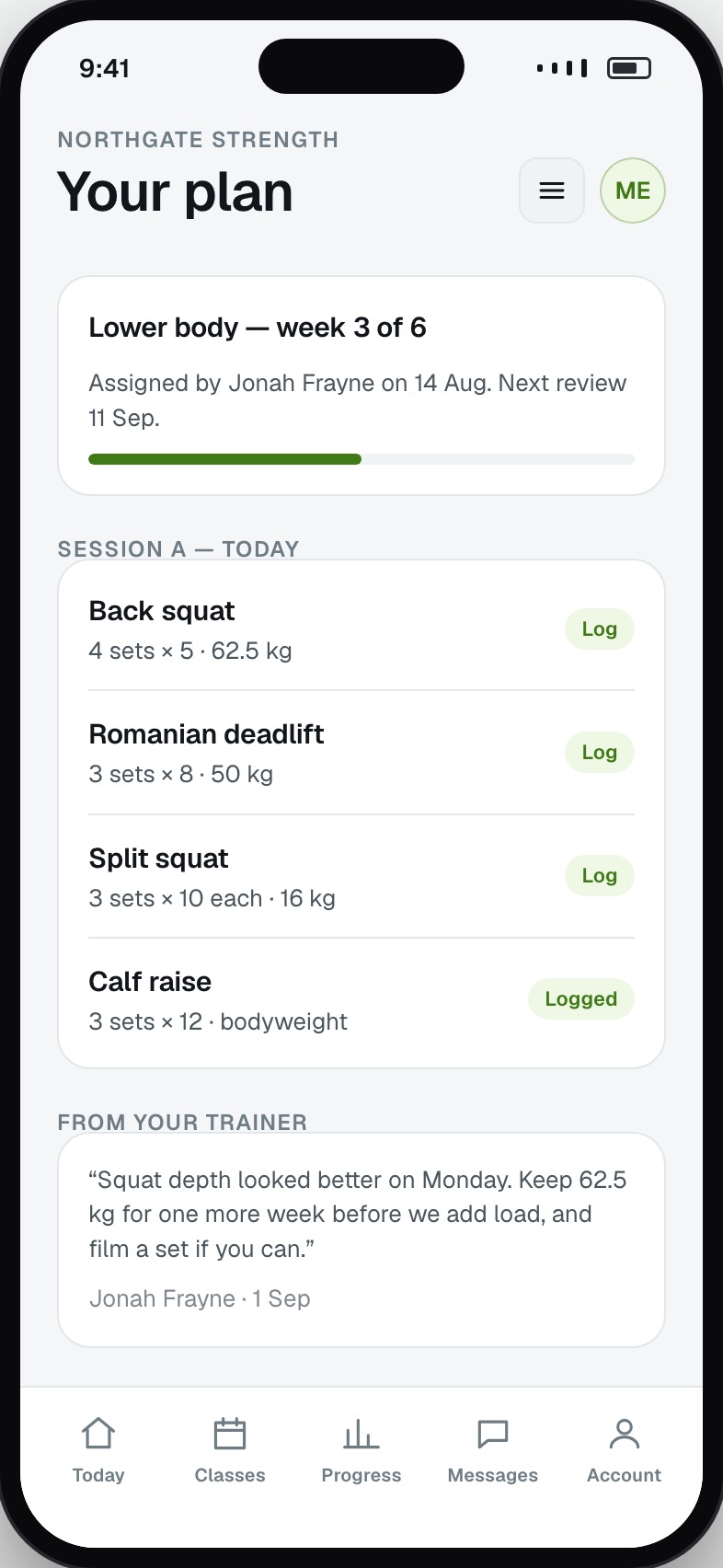 Assigned training plan showing sets, reps and load per exercise with a note from the trainer