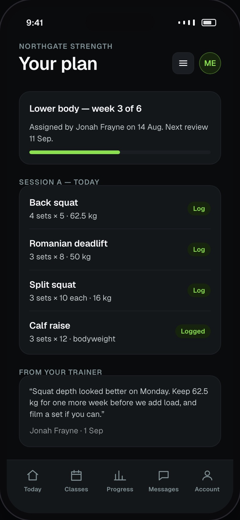 Assigned training plan showing sets, reps and load per exercise with a note from the trainer
