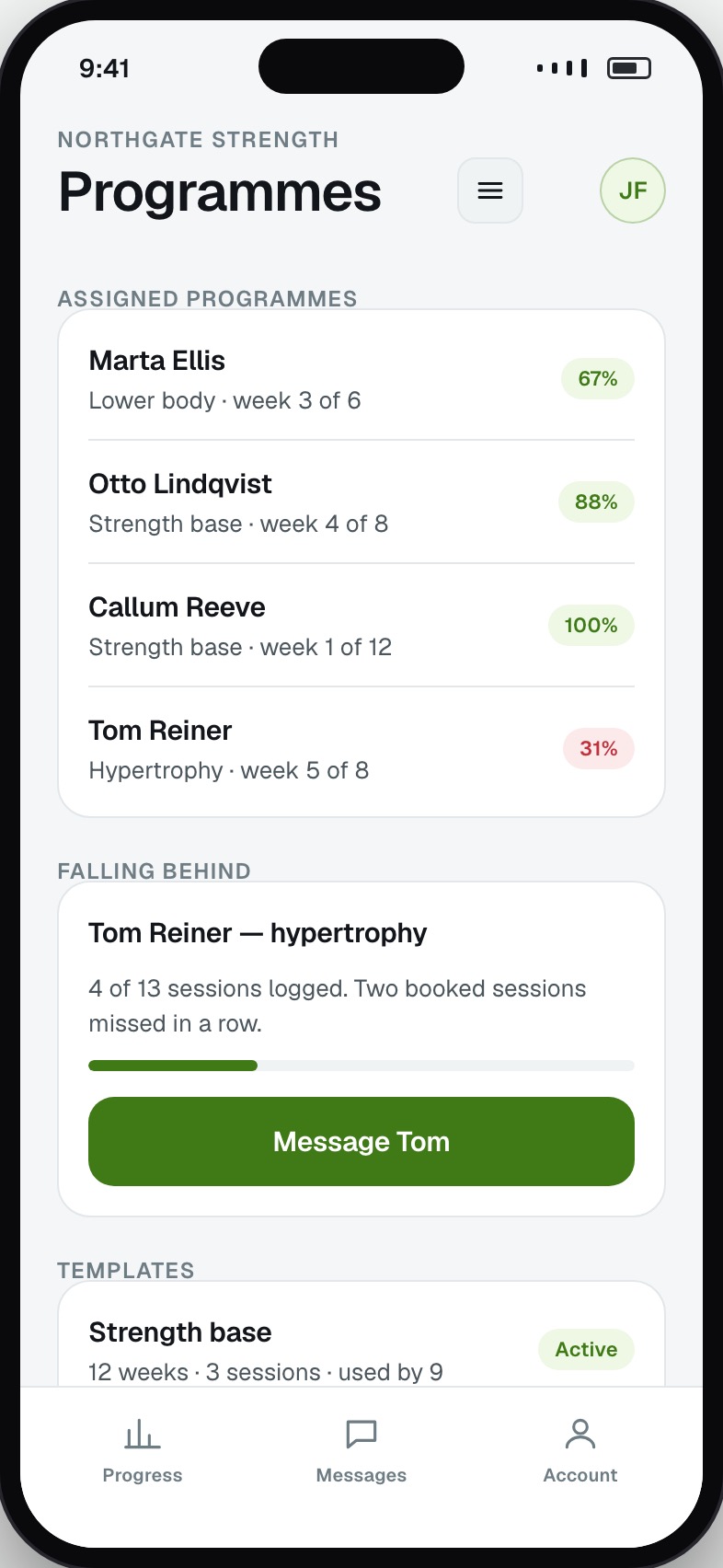 Assigned programmes with completion per client, who is falling behind, and reusable templates