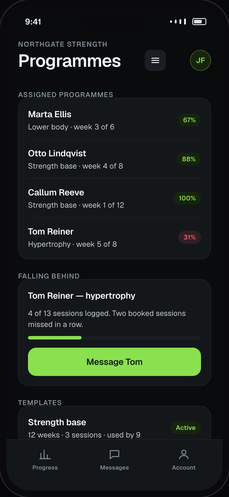Assigned programmes with completion per client, who is falling behind, and reusable templates