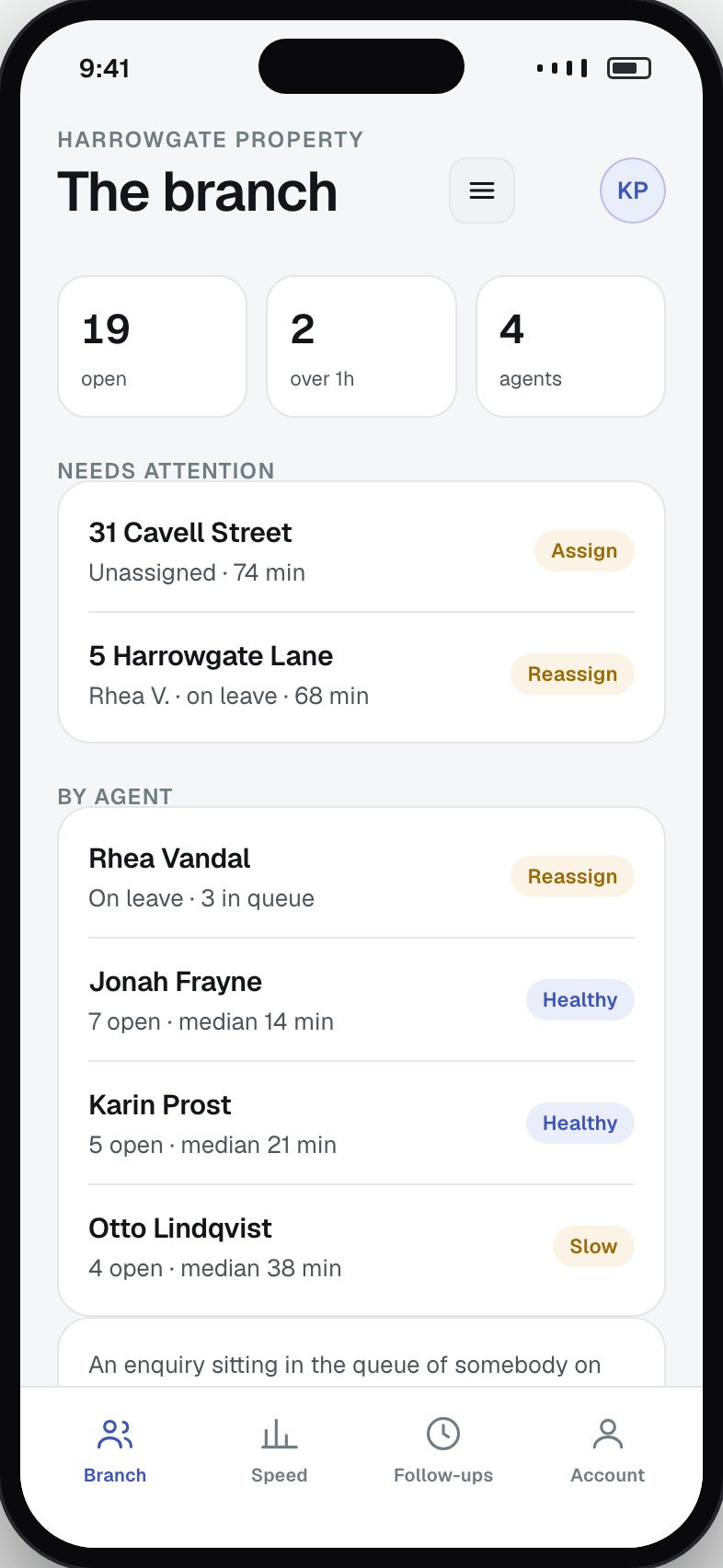 Branch-wide enquiry queue with assignment and breach warnings