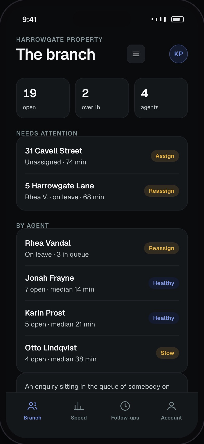 Branch-wide enquiry queue with assignment and breach warnings