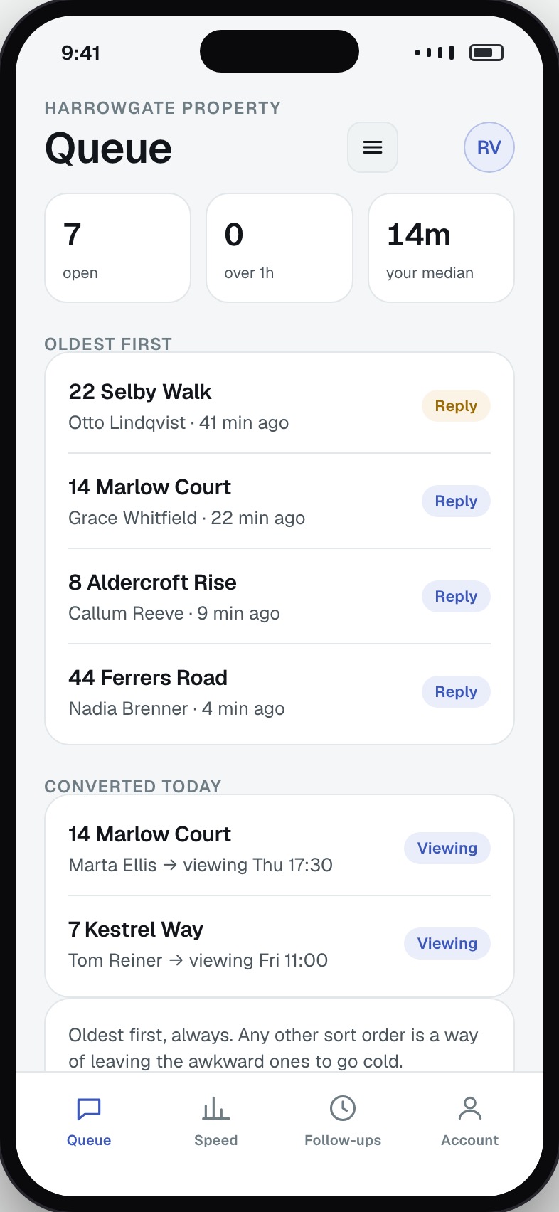 Agent enquiry queue ordered by age with conversion actions