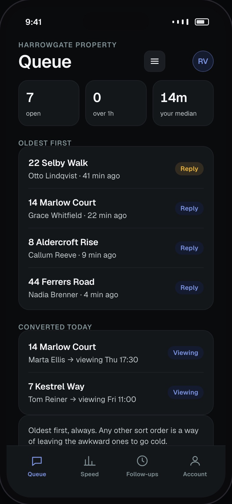 Agent enquiry queue ordered by age with conversion actions