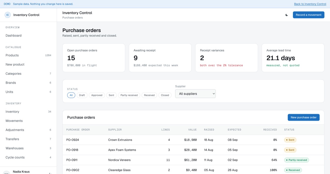 Purchase orders by status with value, expected date and how much of each has actually been received