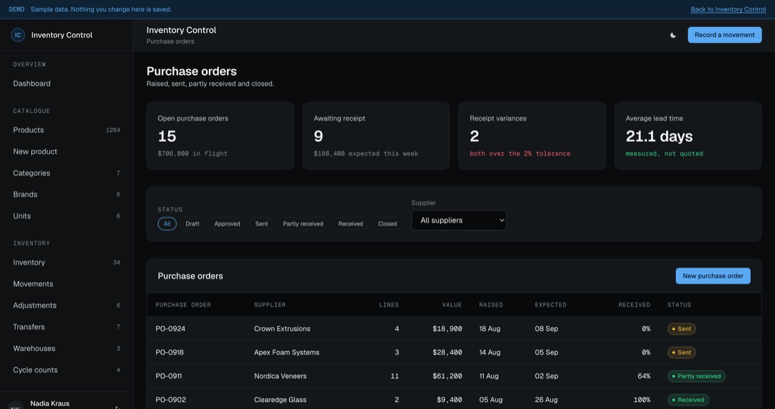 Purchase orders by status with value, expected date and how much of each has actually been received