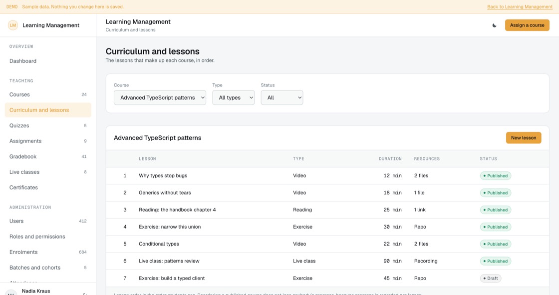 Lessons in order for one course, with type, duration, attached resources and publish state