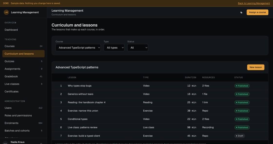 Lessons in order for one course, with type, duration, attached resources and publish state