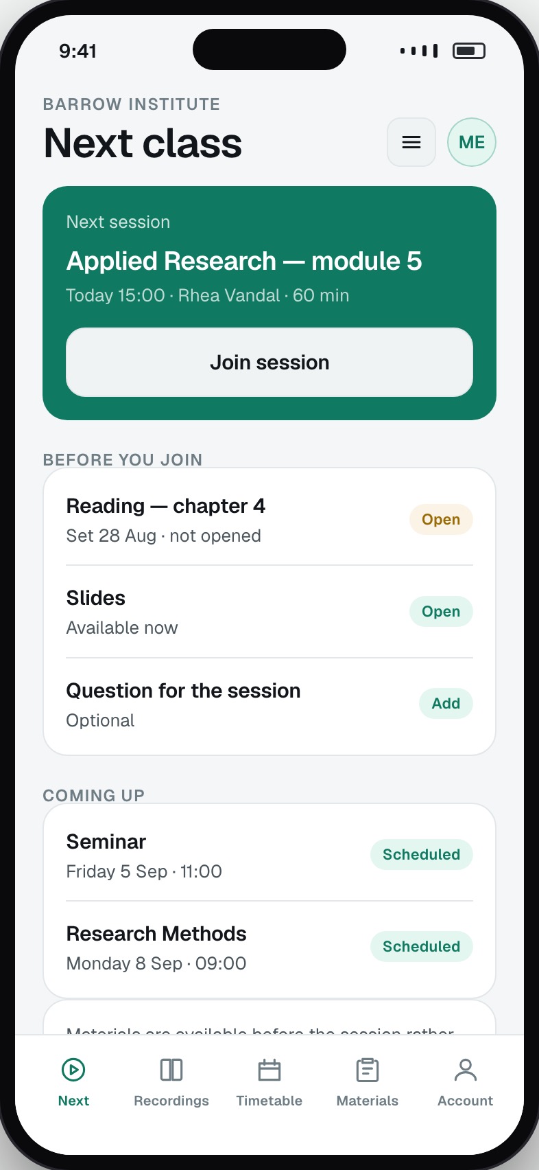 Student next live session with join action and materials