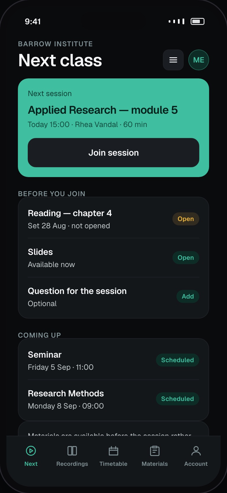 Student next live session with join action and materials