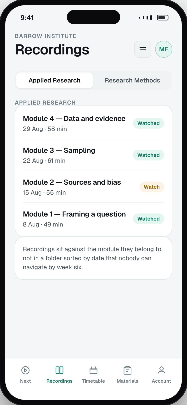 Recordings attached to their modules with watched state