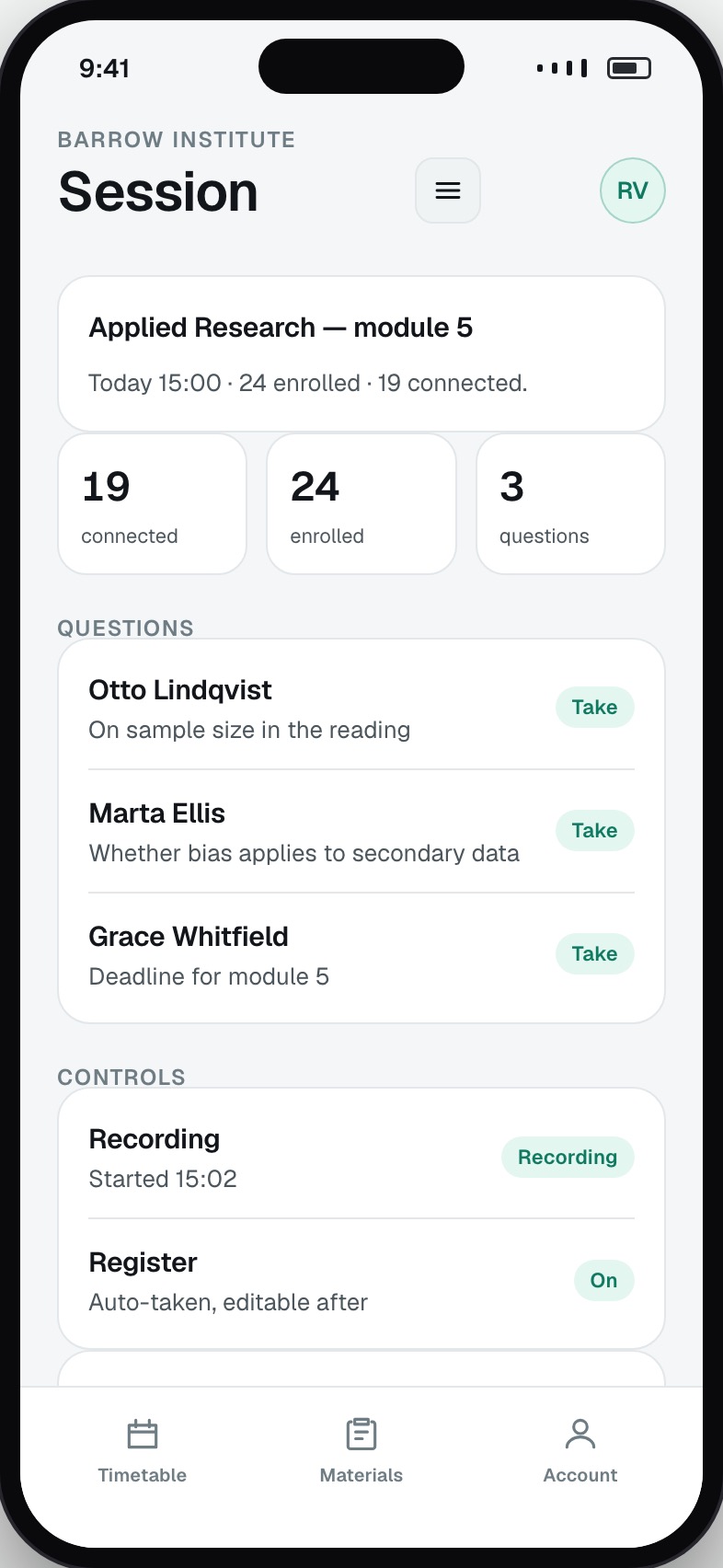 Teacher live session controls with register and question queue