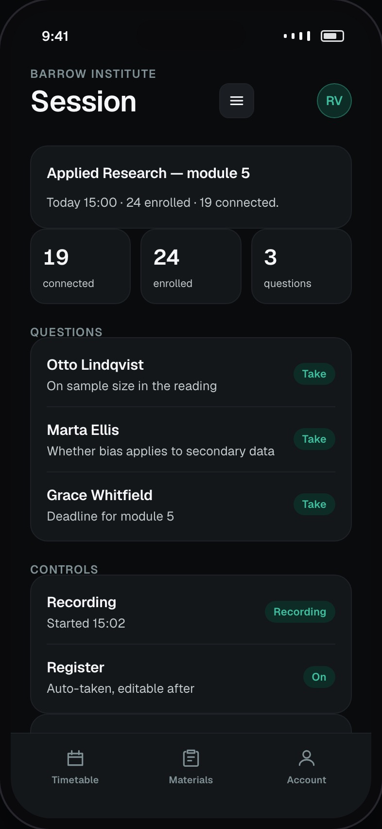 Teacher live session controls with register and question queue
