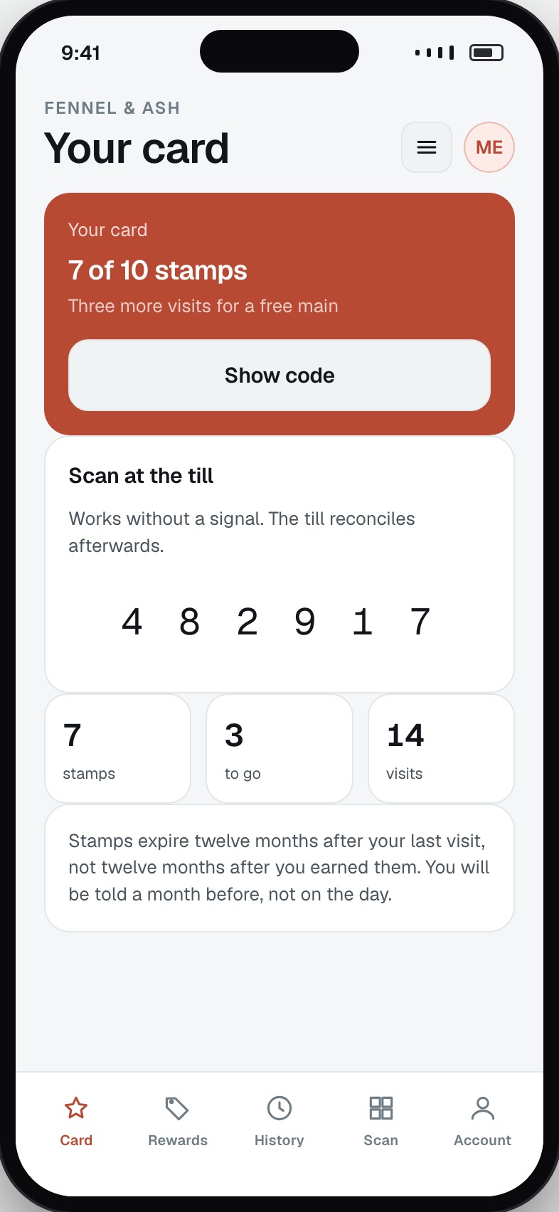 Loyalty card showing stamps collected, progress to the next reward and a scan code