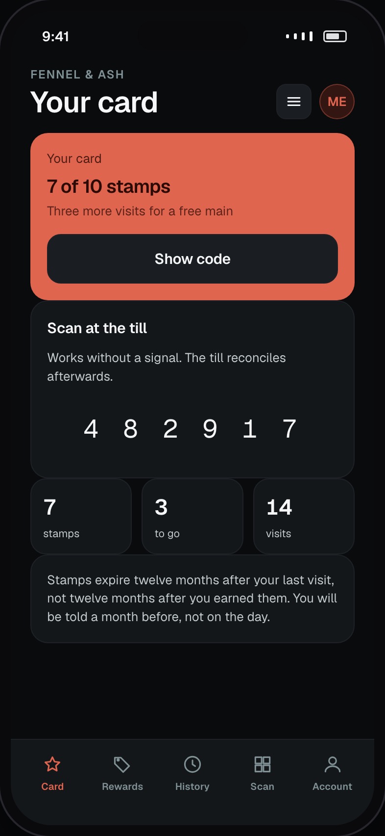 Loyalty card showing stamps collected, progress to the next reward and a scan code