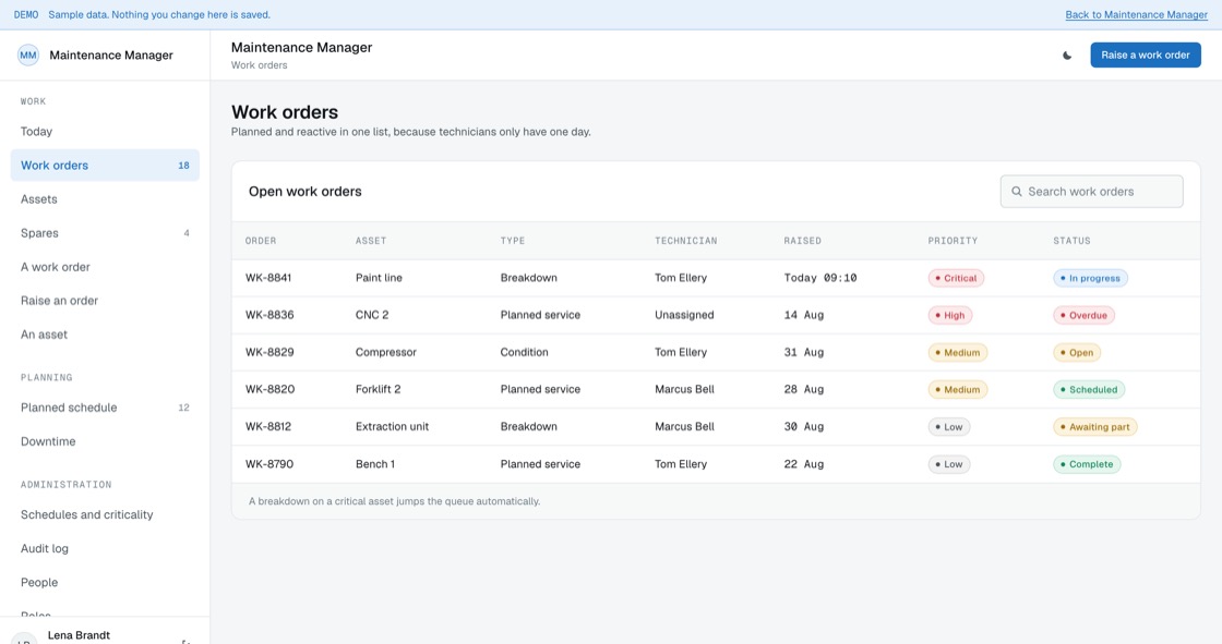 Work order list mixing planned and breakdown jobs with asset, technician, priority and status