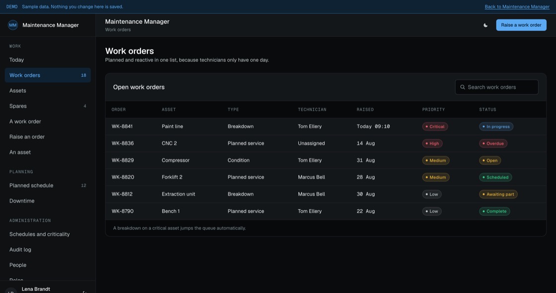 Work order list mixing planned and breakdown jobs with asset, technician, priority and status