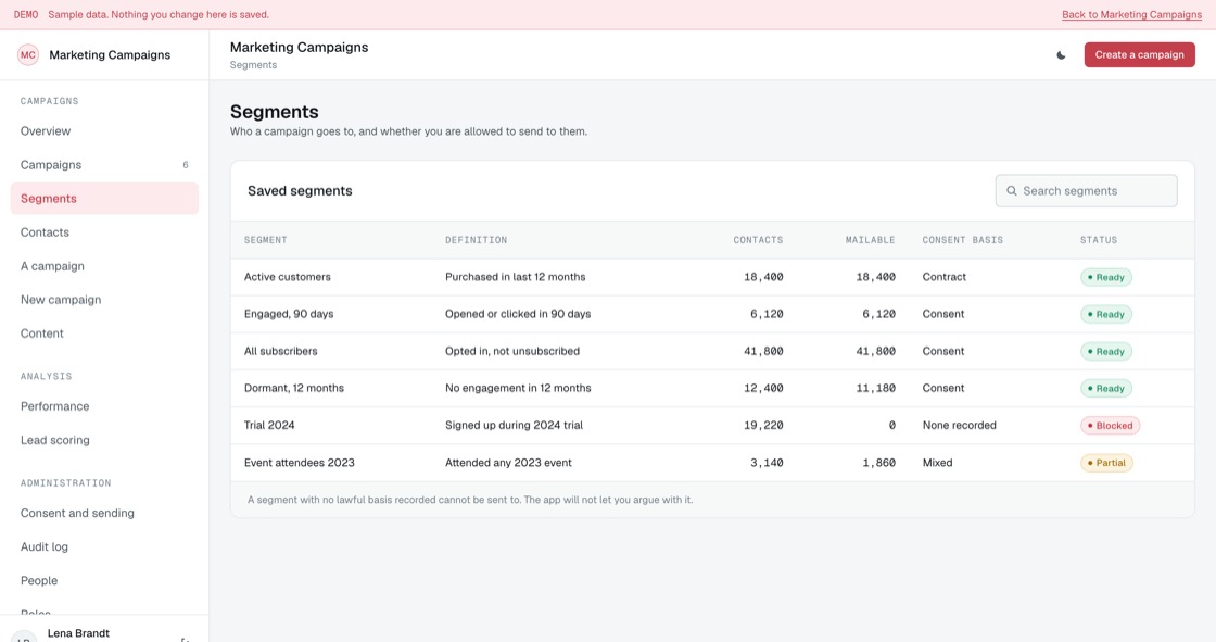 Saved segments with definition, contact counts, mailable counts and consent basis, including a blocked segment
