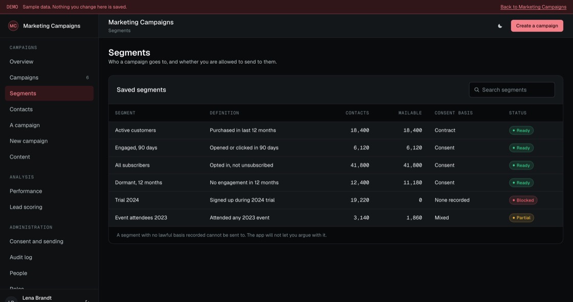 Saved segments with definition, contact counts, mailable counts and consent basis, including a blocked segment