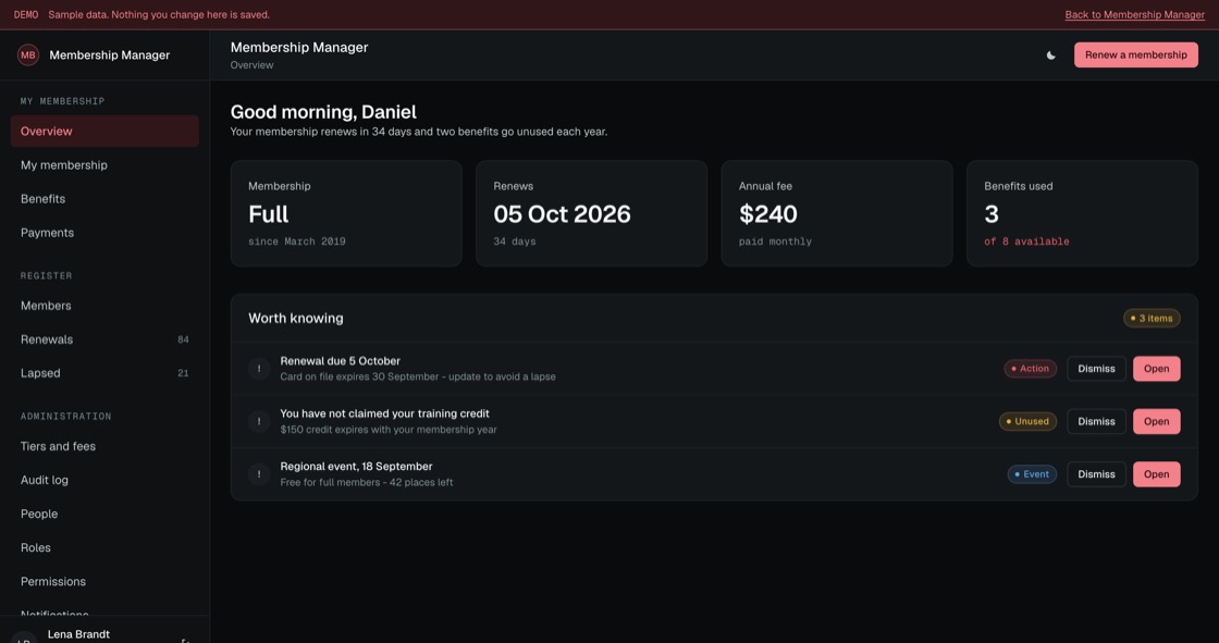 Membership Manager member view showing grade, renewal date, annual fee and benefits used