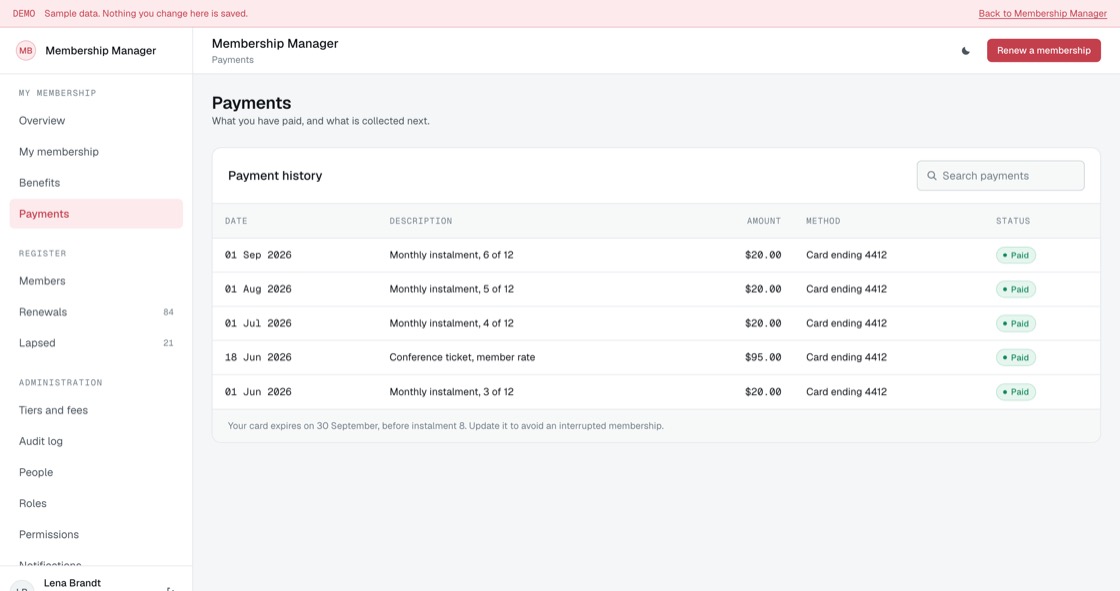Payment history showing instalments, method and status, with a card expiry warning