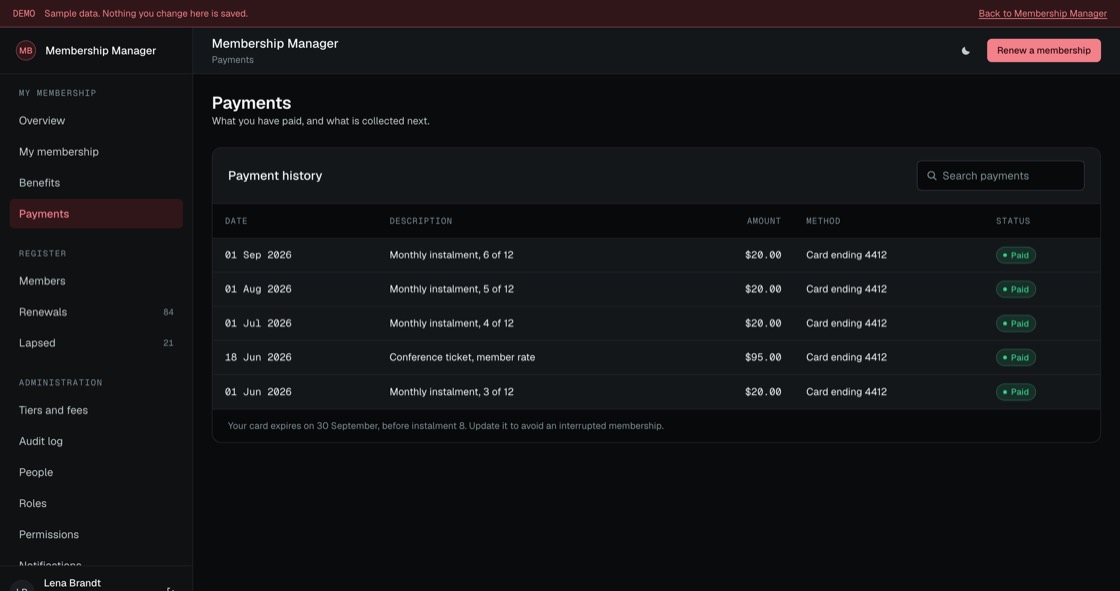 Payment history showing instalments, method and status, with a card expiry warning