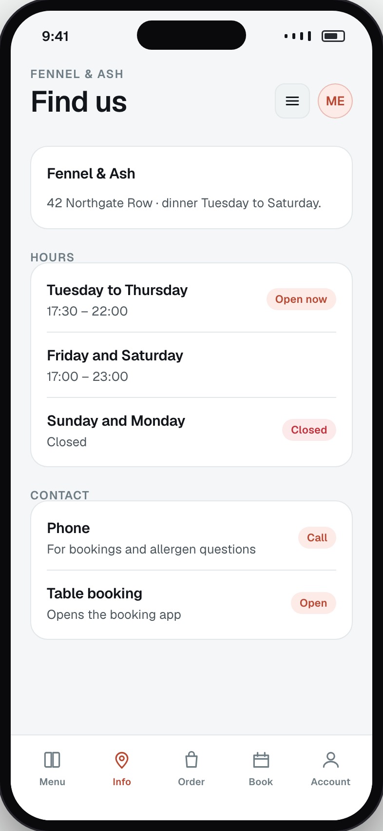 Restaurant opening hours, address and contact details