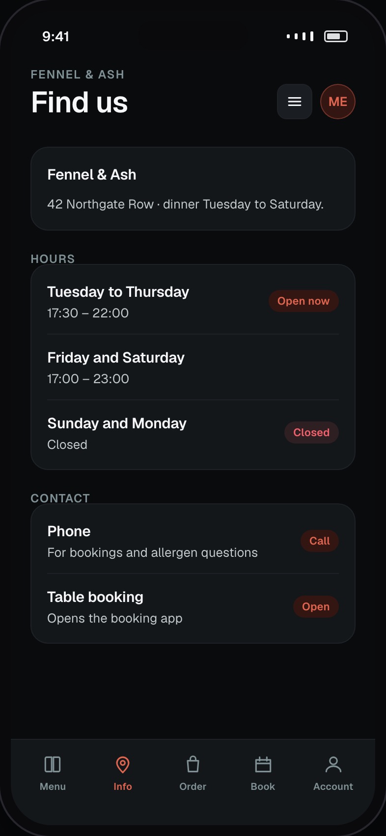 Restaurant opening hours, address and contact details