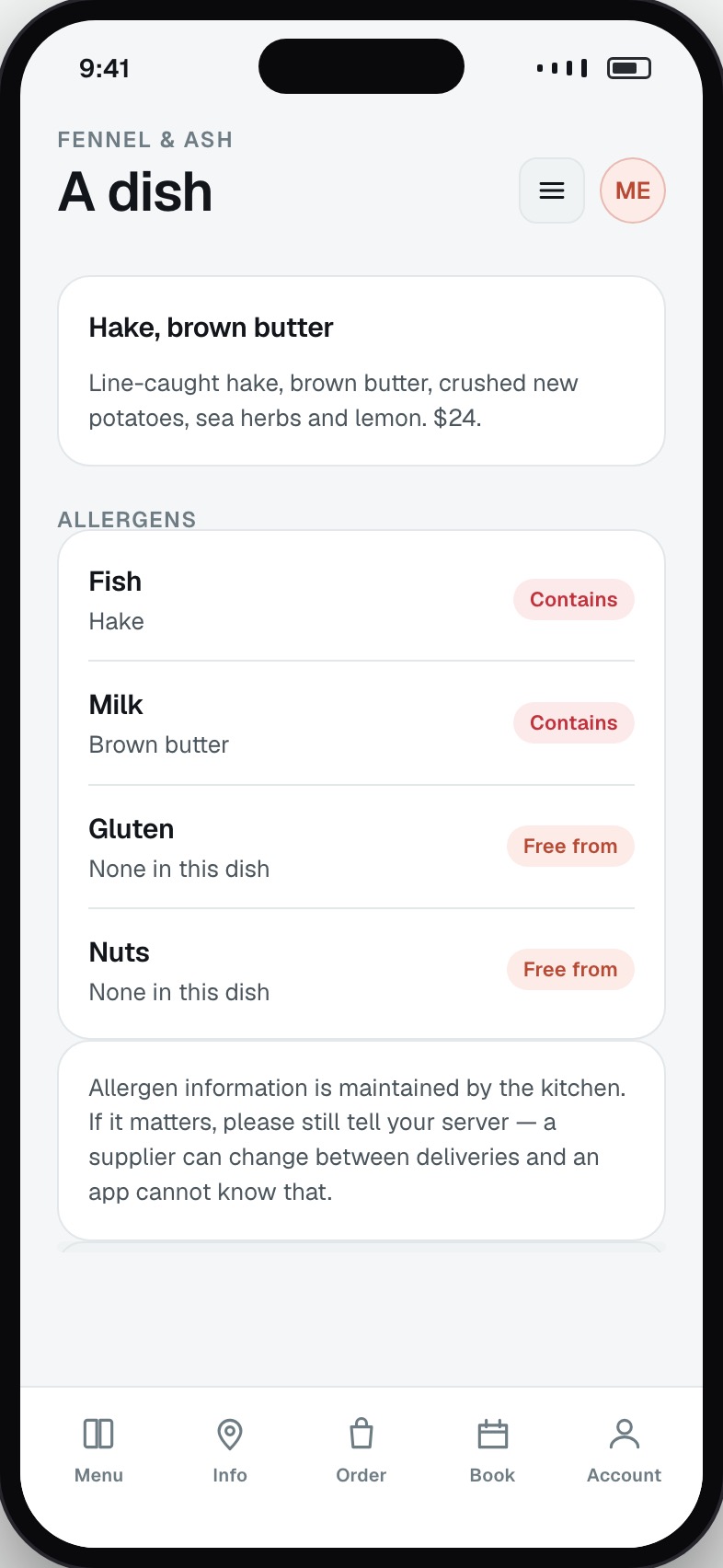 Single dish detail with ingredients, allergens and dietary information