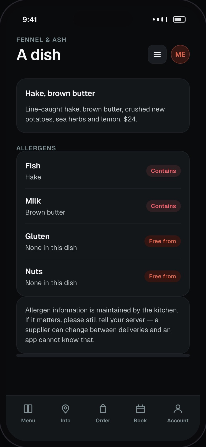 Single dish detail with ingredients, allergens and dietary information