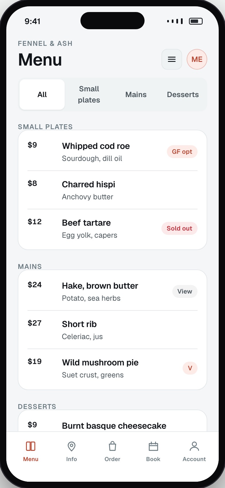 Restaurant menu by section with prices, dietary marks and sold-out items