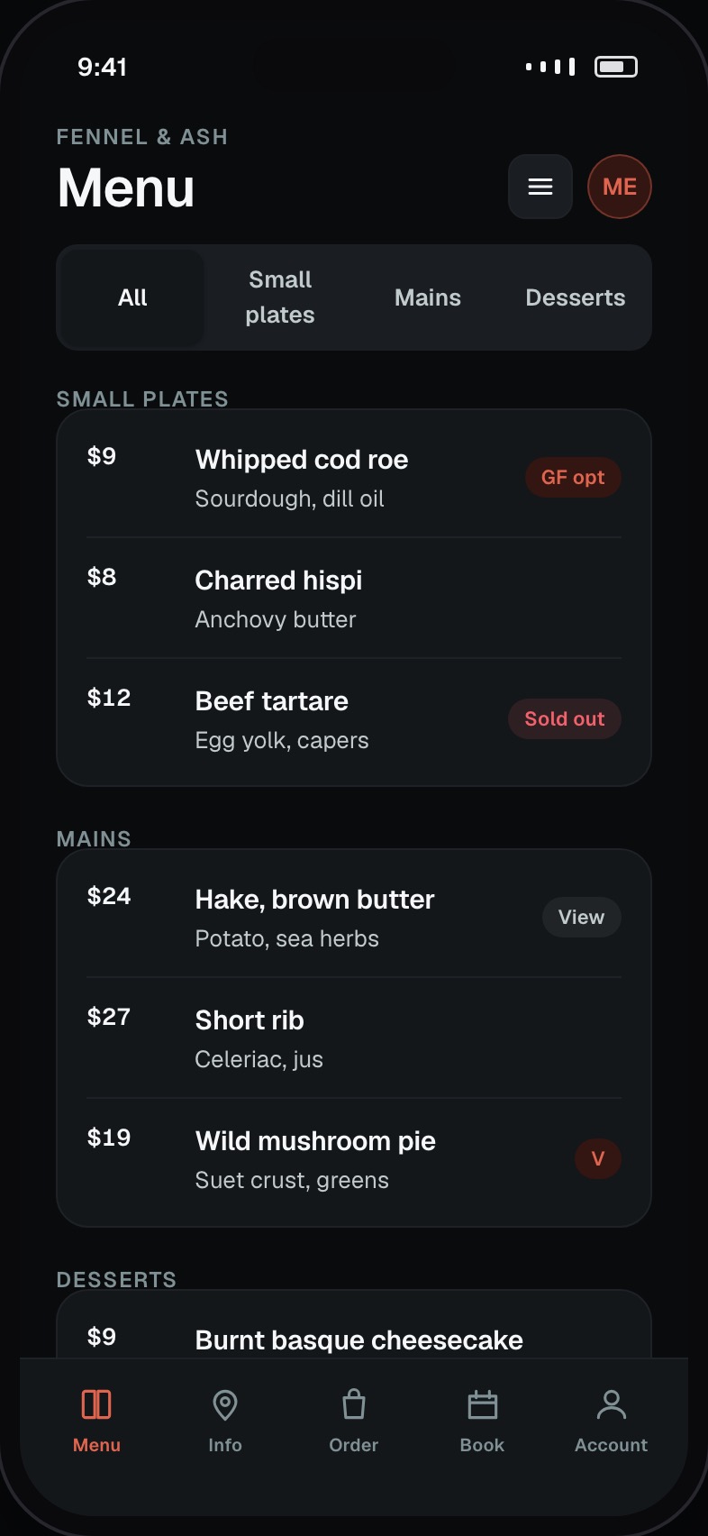 Restaurant menu by section with prices, dietary marks and sold-out items