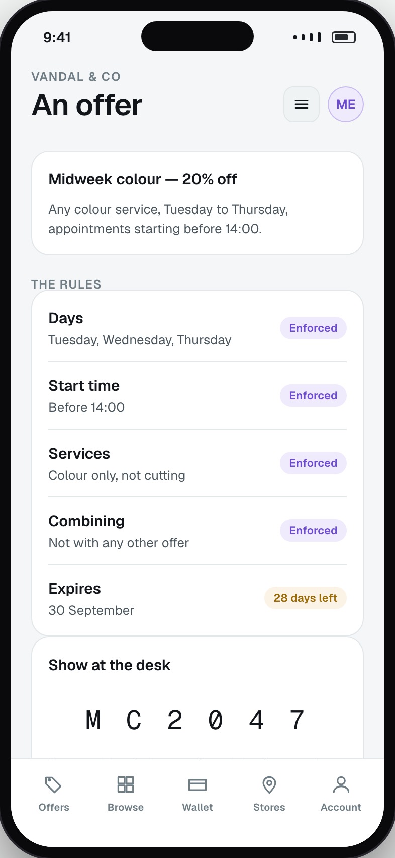 Single offer detail with the full rules and a redeem code