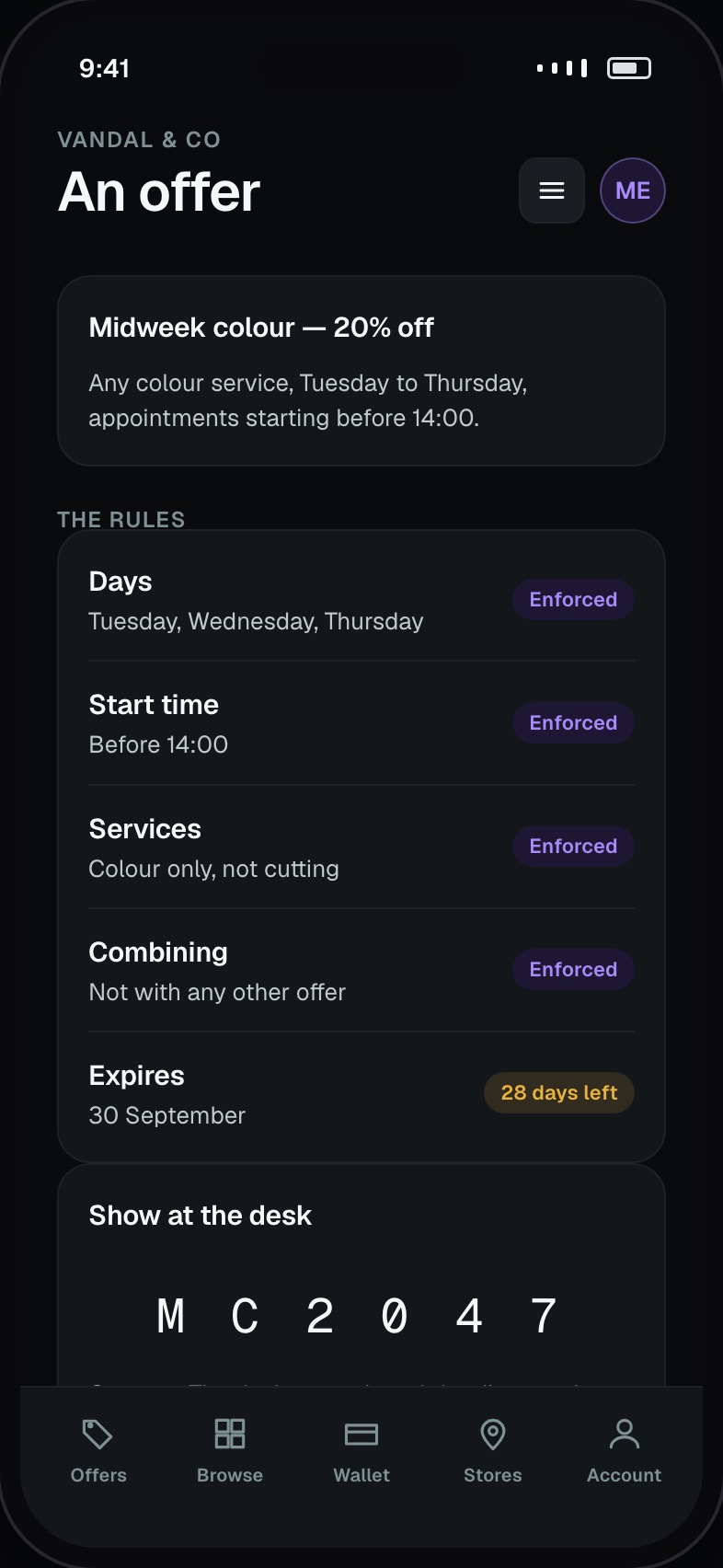 Single offer detail with the full rules and a redeem code