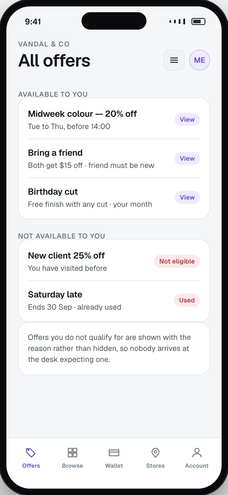 Available offers with conditions and expiry per promotion