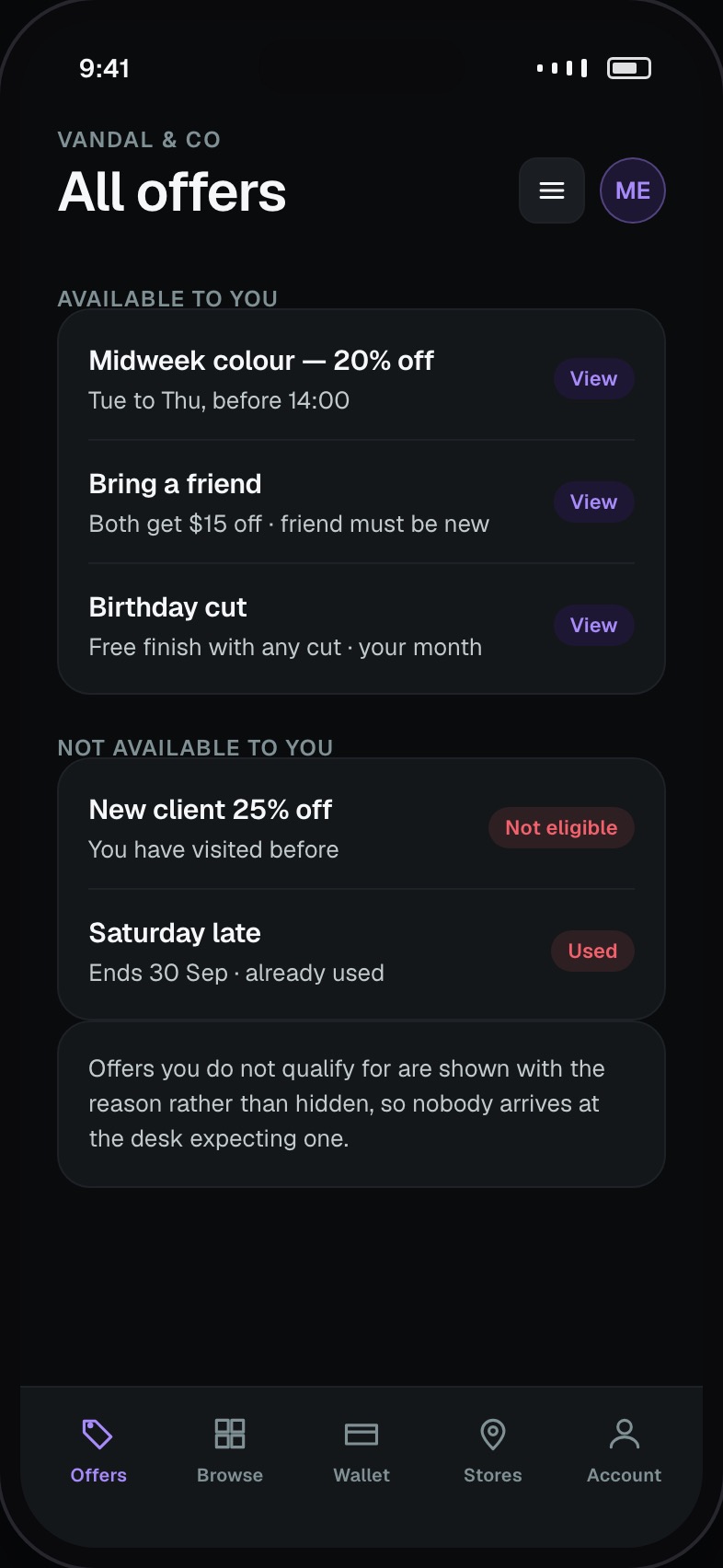 Available offers with conditions and expiry per promotion