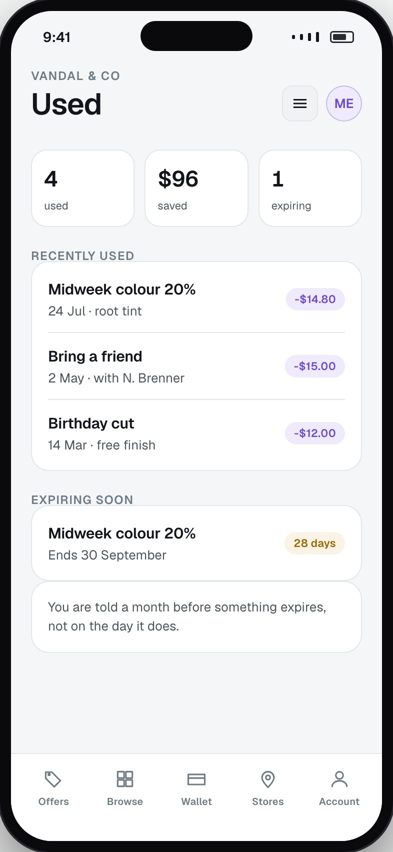 History of offers redeemed with dates and value