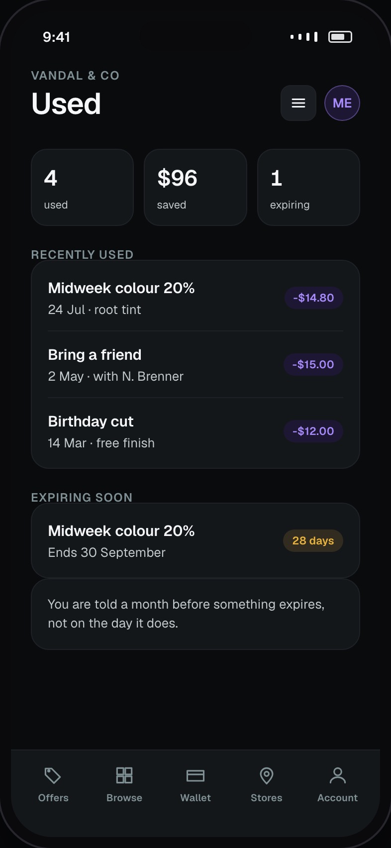 History of offers redeemed with dates and value