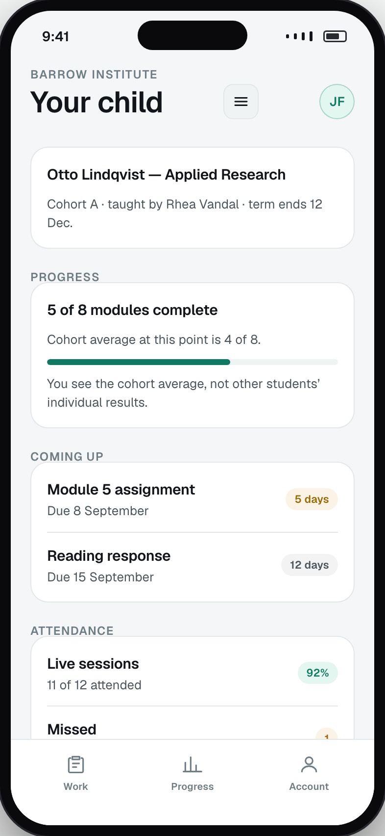 Parent view of one child’s progress, attendance and deadlines
