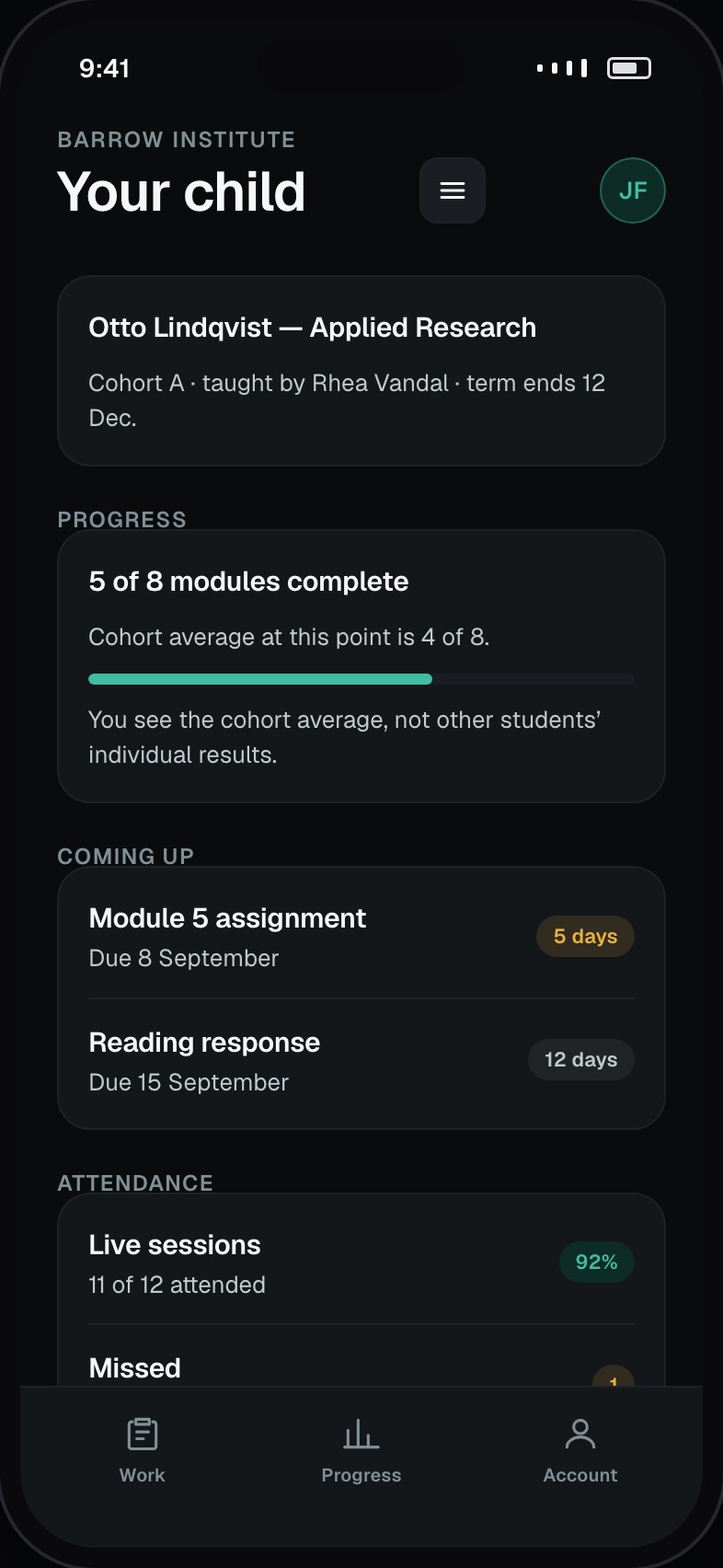 Parent view of one child’s progress, attendance and deadlines