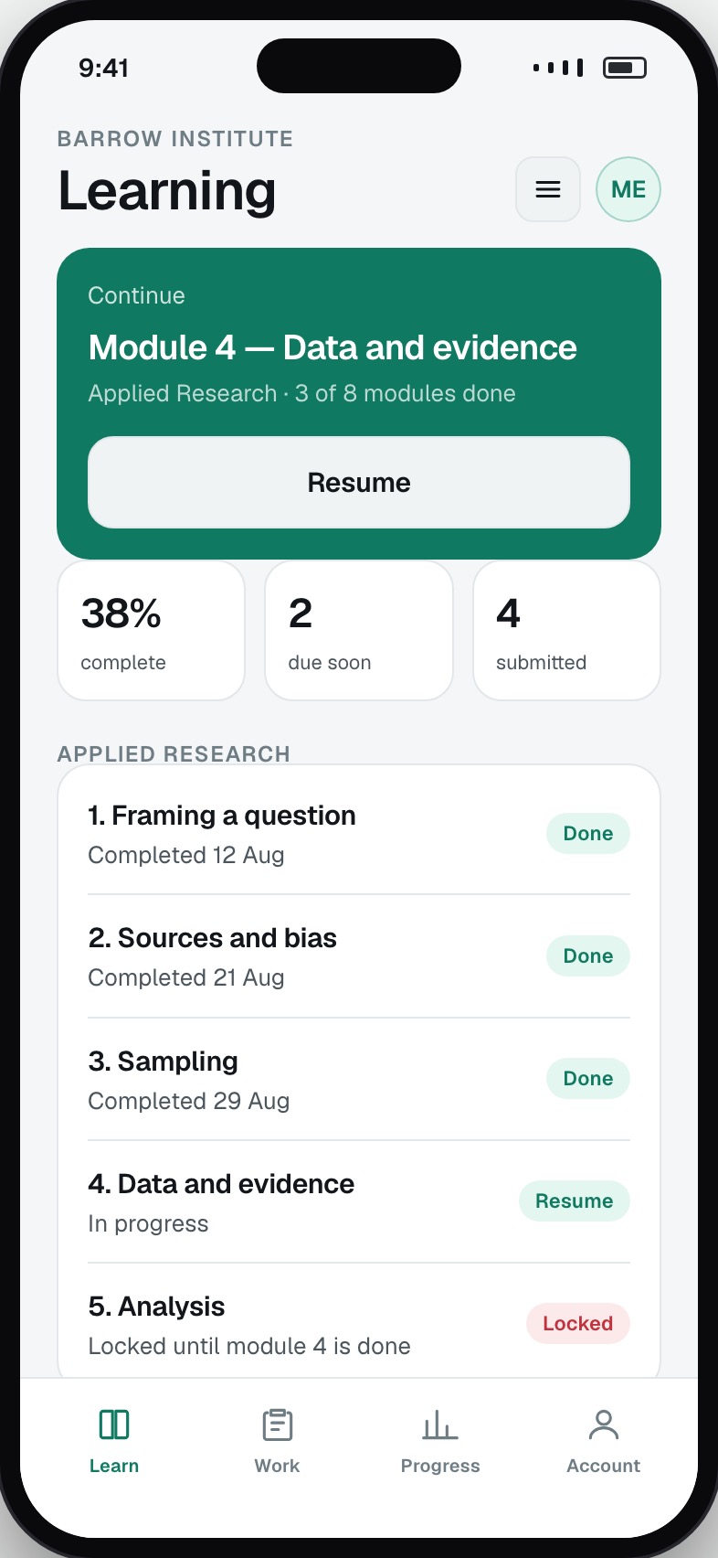Student course view with modules, progress and what is next