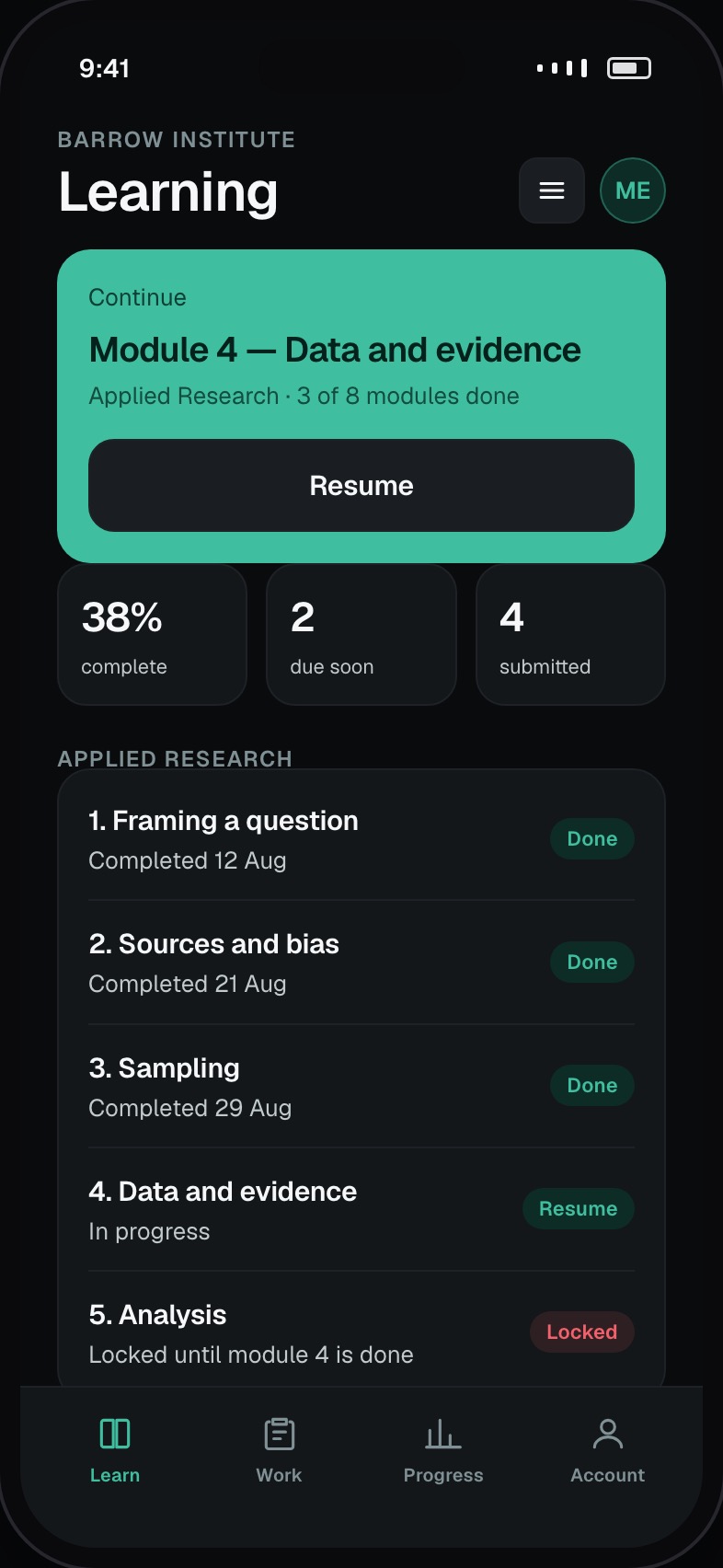 Student course view with modules, progress and what is next
