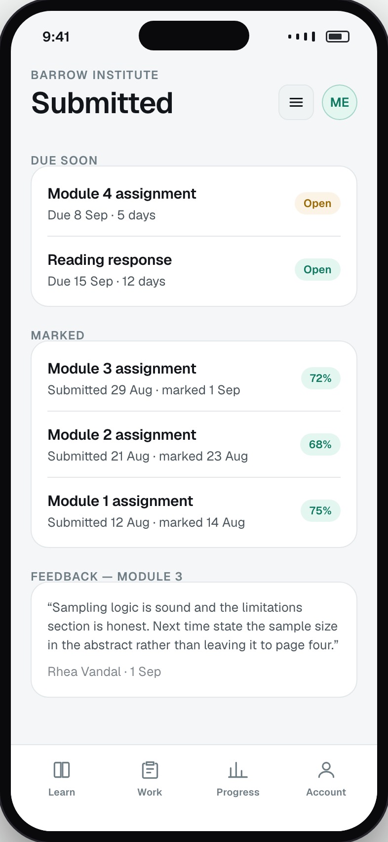 Student submissions with marks, feedback and upcoming deadlines