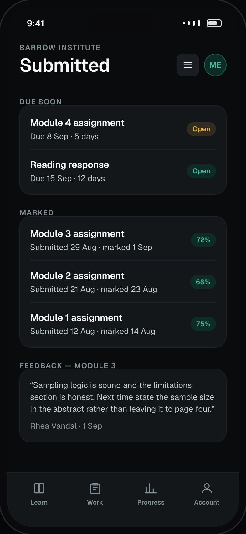 Student submissions with marks, feedback and upcoming deadlines