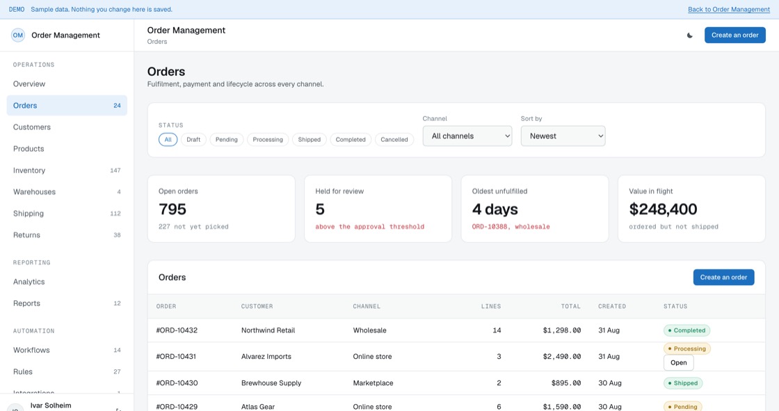 Order list filtered by status and channel with customer, line count, total, created date and whether it is held for review
