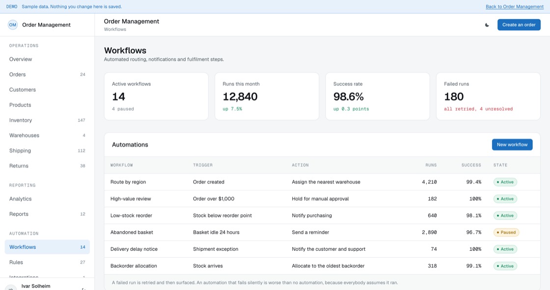 Automation list showing each workflow trigger, action, run count, success rate and whether it is active or paused